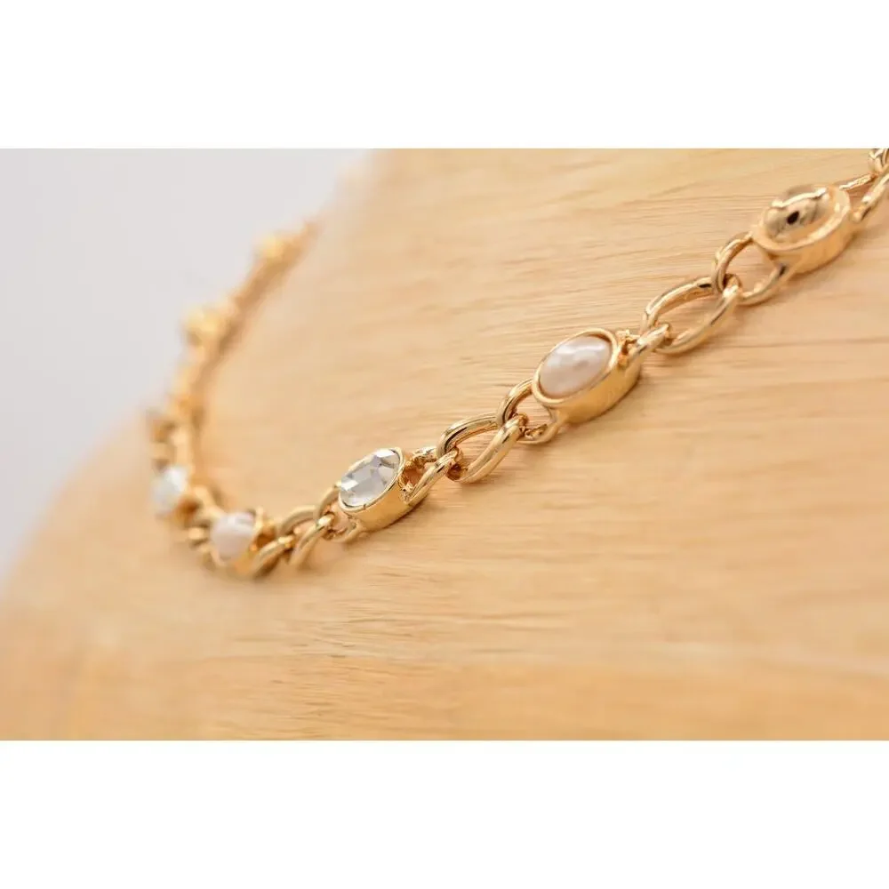 Vintage Collar Necklace Gold Rhinestone Crystal Faux Pearl Chain Heavy Y2K 9J